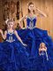 Customized Royal Blue Organza Lace Up Quinceanera Gowns Sleeveless Floor Length Embroidery and Ruffles