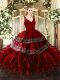Ideal Wine Red Zipper V-neck Beading and Appliques and Ruffles Quinceanera Gown Organza Sleeveless