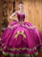 Satin and Organza Off The Shoulder Sleeveless Lace Up Beading and Embroidery 15 Quinceanera Dress in Fuchsia