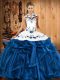 Fancy Satin and Organza Halter Top Sleeveless Lace Up Embroidery and Ruffles Sweet 16 Quinceanera Dress in Blue