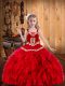 Dazzling Red Organza Lace Up Pageant Dress for Girls Sleeveless Floor Length Embroidery and Ruffles