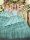 Blue Ball Gowns Organza Straps Sleeveless Embroidery and Ruffled Layers Floor Length Zipper Quince Ball Gowns