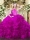 Chic Fabric With Rolling Flowers Scoop Sleeveless Zipper Lace Quinceanera Dress in Fuchsia