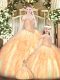 Fitting Off The Shoulder Sleeveless Sweet 16 Quinceanera Dress Floor Length Beading and Ruffles Champagne Tulle