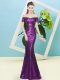 Purple Zipper Off The Shoulder Sequins Prom Dresses Sequined Short Sleeves
