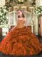 Sleeveless Organza Floor Length Zipper Kids Pageant Dress in Orange with Beading and Ruffles