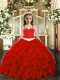 Straps Sleeveless Kids Formal Wear Floor Length Appliques and Ruffles Wine Red Organza