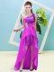 Fuchsia Elastic Woven Satin and Sequined Lace Up Prom Gown Sleeveless High Low Beading and Sequins