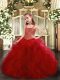 Floor Length Red Little Girl Pageant Gowns Straps Sleeveless Lace Up