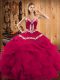 Fuchsia Satin and Organza Lace Up Quinceanera Gown Sleeveless Floor Length Embroidery and Ruffles