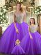 Floor Length Purple Quince Ball Gowns Bateau Sleeveless Lace Up