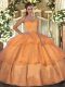 Fashionable Sleeveless Organza Floor Length Lace Up Sweet 16 Quinceanera Dress in Orange with Beading and Ruffled Layers