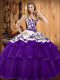 Lace Up Quince Ball Gowns Purple for Military Ball and Sweet 16 and Quinceanera with Embroidery Sweep Train
