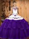 Best Selling Sleeveless Organza Sweep Train Lace Up Quinceanera Dress in Purple with Embroidery and Ruffled Layers