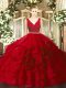 Excellent V-neck Sleeveless Quinceanera Gown Floor Length Beading Wine Red Fabric With Rolling Flowers