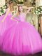 Sleeveless Tulle Floor Length Lace Up Quinceanera Gowns in Fuchsia with Beading