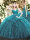 Noble Teal Sleeveless Beading and Ruffles Floor Length 15th Birthday Dress