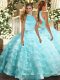 Beautiful Aqua Blue Organza Backless Halter Top Sleeveless Floor Length Quinceanera Gown Beading and Ruffled Layers