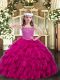 Straps Sleeveless Pageant Dress Wholesale Floor Length Beading and Ruffles Fuchsia Organza