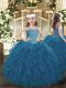 Affordable Teal Lace Up Little Girls Pageant Gowns Beading and Ruffles Sleeveless Floor Length