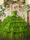 Luxurious Floor Length Green 15th Birthday Dress Organza Sleeveless Beading and Ruffled Layers