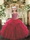 Sleeveless Tulle Floor Length Lace Up Little Girls Pageant Dress in Red with Beading and Ruffles