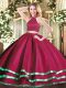 Fuchsia Ball Gowns Tulle High-neck Sleeveless Beading Floor Length Backless Quince Ball Gowns