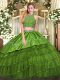 Olive Green Sleeveless Tulle Zipper Quinceanera Dresses for Military Ball and Sweet 16 and Quinceanera
