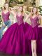 Sophisticated Fuchsia Two Pieces V-neck Sleeveless Tulle Floor Length Lace Up Beading Sweet 16 Dress