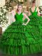 V-neck Sleeveless 15 Quinceanera Dress Floor Length Ruffled Layers Dark Green Organza