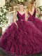 Affordable Beading and Ruffles Ball Gown Prom Dress Fuchsia Backless Sleeveless Floor Length