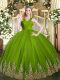 Modest V-neck Sleeveless Tulle Quinceanera Gowns Appliques Zipper