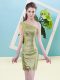 Fantastic Yellow Green Column/Sheath Sequined One Shoulder Sleeveless Sequins Mini Length Zipper Evening Dress
