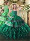 Custom Design Dark Green Sleeveless Organza Zipper Ball Gown Prom Dress for Military Ball and Sweet 16 and Quinceanera