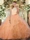 Sleeveless Tulle Floor Length Backless 15th Birthday Dress in Peach with Ruffles