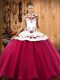 Lovely Hot Pink Satin and Tulle Lace Up Halter Top Sleeveless Floor Length Quince Ball Gowns Embroidery