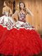 Wine Red Lace Up Quinceanera Gowns Embroidery and Ruffles Sleeveless Floor Length