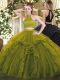 Most Popular Halter Top Sleeveless Quinceanera Dresses Floor Length Beading and Ruffles Olive Green Organza