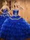 Blue Ball Gowns Satin and Organza Sweetheart Sleeveless Embroidery and Ruffled Layers Floor Length Lace Up Ball Gown Prom Dress