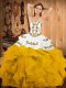 Flare Floor Length Yellow And White Quinceanera Dresses Satin and Organza Sleeveless Embroidery and Ruffles