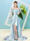 Modest Light Blue Empire Elastic Woven Satin and Sequined Off The Shoulder Short Sleeves Sequins High Low Lace Up Prom Gown