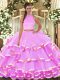 Sexy Halter Top Sleeveless 15 Quinceanera Dress Floor Length Beading and Ruffled Layers Lilac Organza