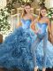 Custom Designed Sweetheart Sleeveless Quinceanera Gowns Floor Length Beading Baby Blue Fabric With Rolling Flowers