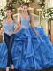 Tulle Straps Sleeveless Lace Up Beading and Ruffles Quinceanera Dress in Blue