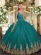 Teal Backless V-neck Appliques Sweet 16 Quinceanera Dress Tulle Sleeveless