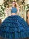 Floor Length Zipper Sweet 16 Dresses Teal for Military Ball and Sweet 16 and Quinceanera with Beading and Ruffled Layers