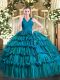 Clearance Teal Ball Gowns V-neck Sleeveless Organza Floor Length Zipper Ruffled Layers 15th Birthday Dress