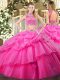 High End Sleeveless Tulle Floor Length Backless 15 Quinceanera Dress in Hot Pink with Beading and Ruffles and Pick Ups