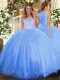 Baby Blue Ball Gowns Scoop Sleeveless Tulle Floor Length Clasp Handle Lace Sweet 16 Quinceanera Dress