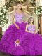 Organza Straps Sleeveless Lace Up Beading and Ruffles Ball Gown Prom Dress in Fuchsia